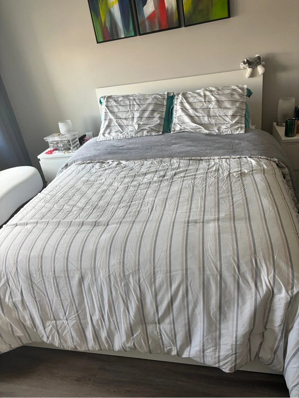Striped White and Gray Comforter Set with Aqua Shams